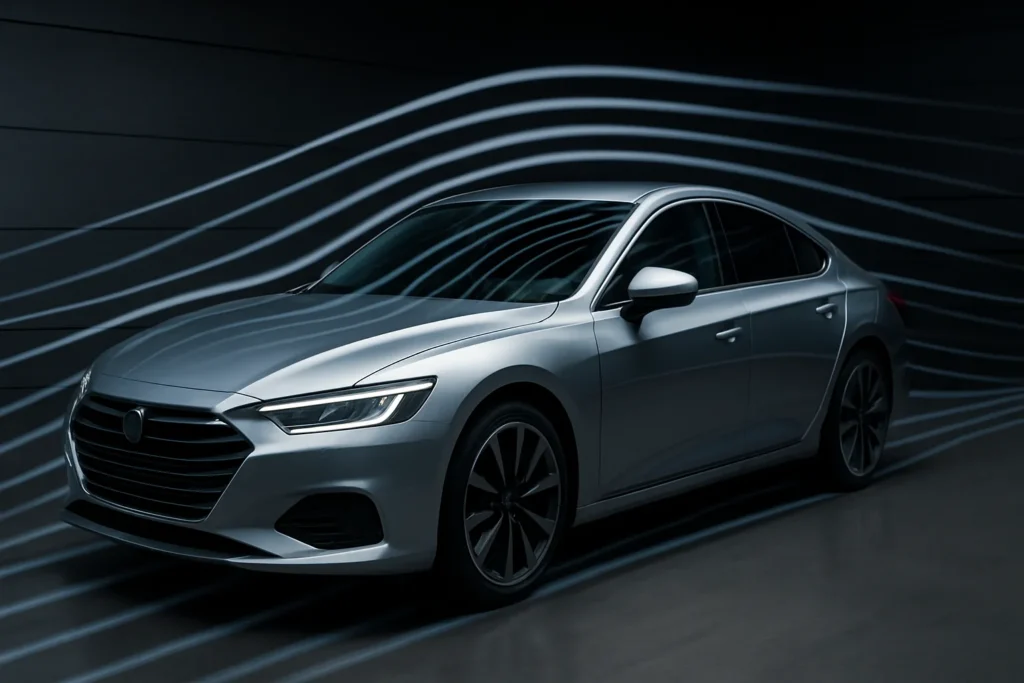 Carro esportivo prata com design aerodinâmico posicionado em túnel de vento, com linhas de fluxo de ar contornando suavemente a carroceria em ambiente escuro e técnico.