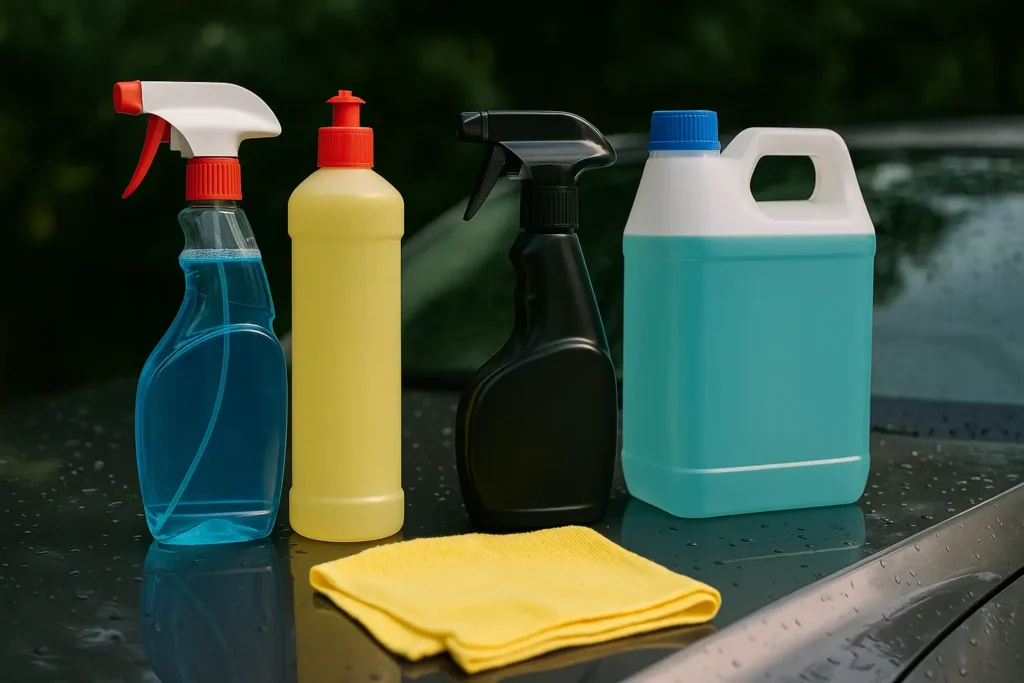 Quatro frascos de produtos de limpeza automotiva estão alinhados sobre o capô de um carro escuro com gotas de água. Da esquerda para a direita, há um borrifador azul translúcido, um frasco cilíndrico amarelo com tampa vermelha, um borrifador preto fosco e um galão branco com líquido azul e tampa azul. Em frente aos frascos, está um pano de microfibra amarelo dobrado. Ao fundo, há vegetação verde desfocada, indicando um ambiente externo.