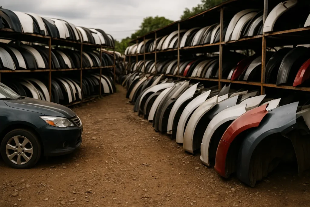 Pátio externo de autopeças usadas em dia nublado, com centenas de para-lamas e para-choques empilhados em prateleiras metálicas ao longo de um corredor de terra batida. À esquerda, um carro sedan azul-escuro, levemente desgastado, está estacionado parcialmente visível. As peças automotivas, organizadas por formato e cor, variam entre tons de preto, branco, cinza, vermelho e azul, muitas com sinais de uso, arranhões e pequenos amassados. Ao fundo, há vegetação densa e linhas de energia, compondo um ambiente industrial e rústico.