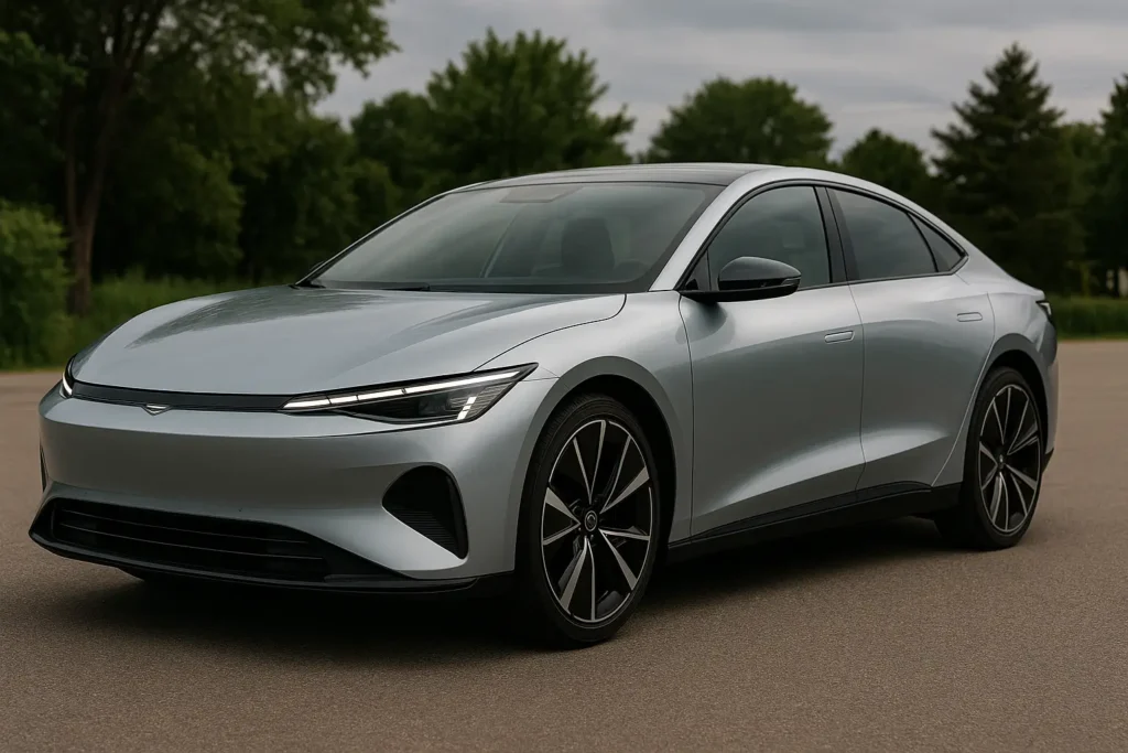 Carro conceito elétrico prateado com design futurista está estacionado sobre asfalto liso em ambiente arborizado. A lataria apresenta curvas suaves e aerodinâmicas, faróis de LED afilados e rodas de liga leve com acabamento escurecido e detalhes metálicos. A imagem é capturada em ângulo frontal lateral direito, destacando a elegância e modernidade das tendências automotivas para 2025. Ao fundo, árvores verdes e céu nublado criam um contraste natural com o brilho metálico do veículo.