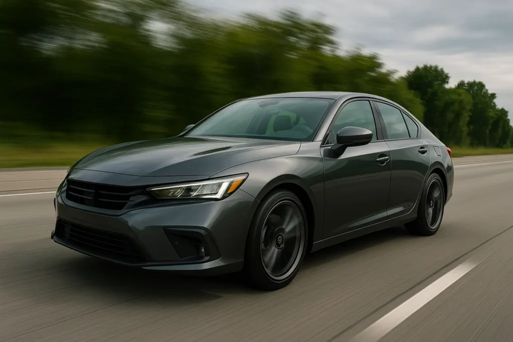 Sedan esportivo cinza metálico escuro em alta velocidade em uma rodovia de múltiplas faixas, capturado em ângulo frontal lateral baixo. A lataria aerodinâmica reflete a luz difusa do céu nublado, destacando as linhas suaves e modernas do veículo. As rodas estão em movimento, reforçando a sensação de velocidade, enquanto o fundo com árvores desfocadas cria um contraste entre a performance do carro e o ambiente natural.