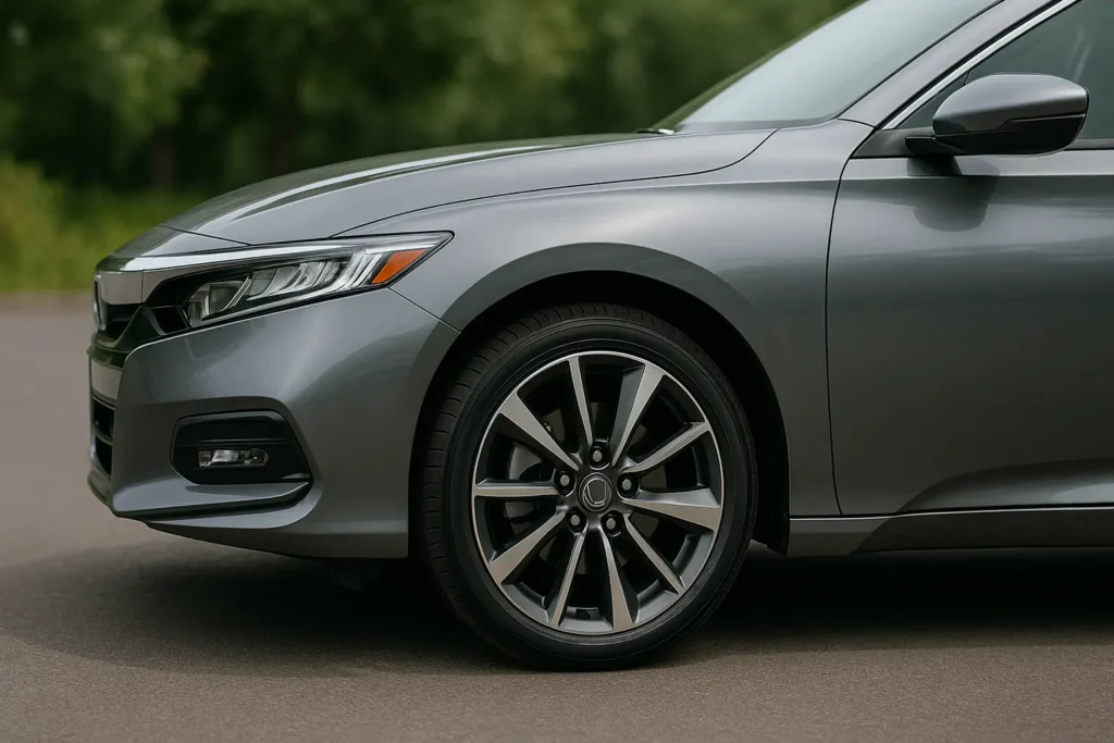Close-up do lado dianteiro esquerdo de um carro prateado estacionado durante o dia, com destaque para o para-lama, farol e roda de liga leve com múltiplos raios. A lataria apresenta acabamento liso e brilhante, com linhas bem definidas que reforçam o design moderno do veículo. Ao fundo, a vegetação verde desfocada cria um contraste natural com os tons metálicos do carro.