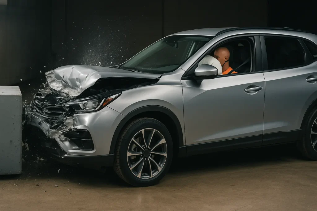 SUV compacto prateado colide frontalmente com um bloco de concreto durante um teste de colisão em uma instalação industrial ampla e pouco iluminada. A frente do veículo está severamente amassada, com o capô deformado e peças metálicas desalinhadas. O airbag está acionado e um boneco de teste com cinto de segurança ocupa o banco do motorista, simulando o impacto sobre os ocupantes. A luz suave do ambiente destaca os danos na lataria e reforça a importância da estrutura veicular na proteção durante acidentes.