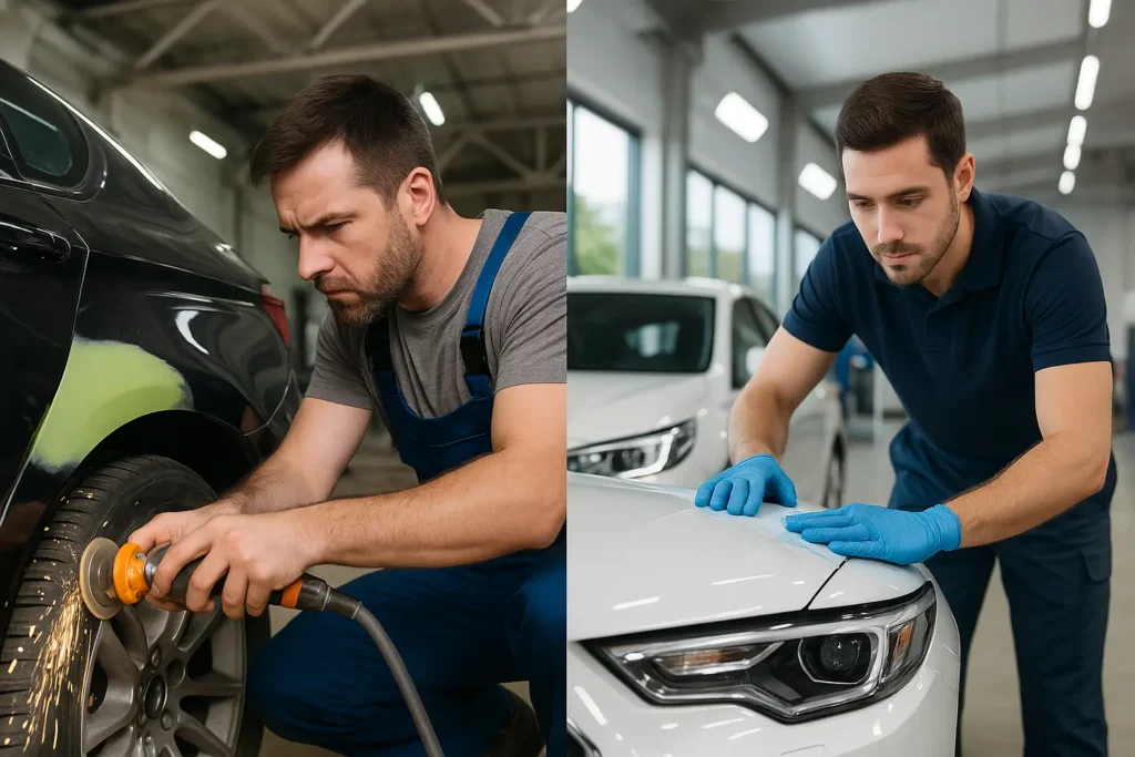 Fotografia comparativa lado a lado mostra dois serviços distintos de funilaria automotiva. À esquerda, um ambiente de funilaria tradicional com carro escuro parcialmente desmontado, ferramentas espalhadas e iluminação fraca, indicando um processo mais demorado e manual. À direita, uma área limpa e organizada de funilaria express com carro prateado sendo polido por um técnico uniformizado sob luz intensa, transmitindo agilidade e precisão. A imagem evidencia a diferença entre os métodos em termos de tempo, estrutura e abordagem.