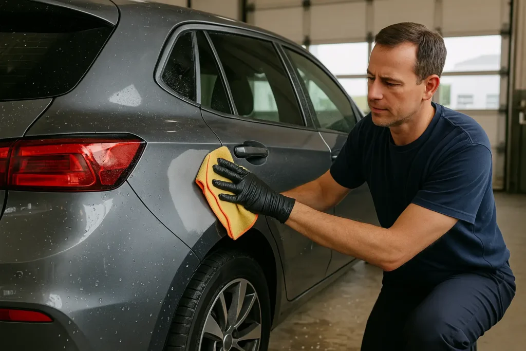 Técnico automotivo de meia-idade, usando uniforme azul e luvas pretas, inspeciona cuidadosamente a pintura recém-feita na lateral de um carro prateado dentro de uma oficina bem iluminada. Ele passa a mão sobre a superfície da lataria para verificar imperfeições ou resíduos. Ao fundo, prateleiras com ferramentas e equipamentos de pintura indicam um ambiente profissional voltado ao acabamento pós-conserto.