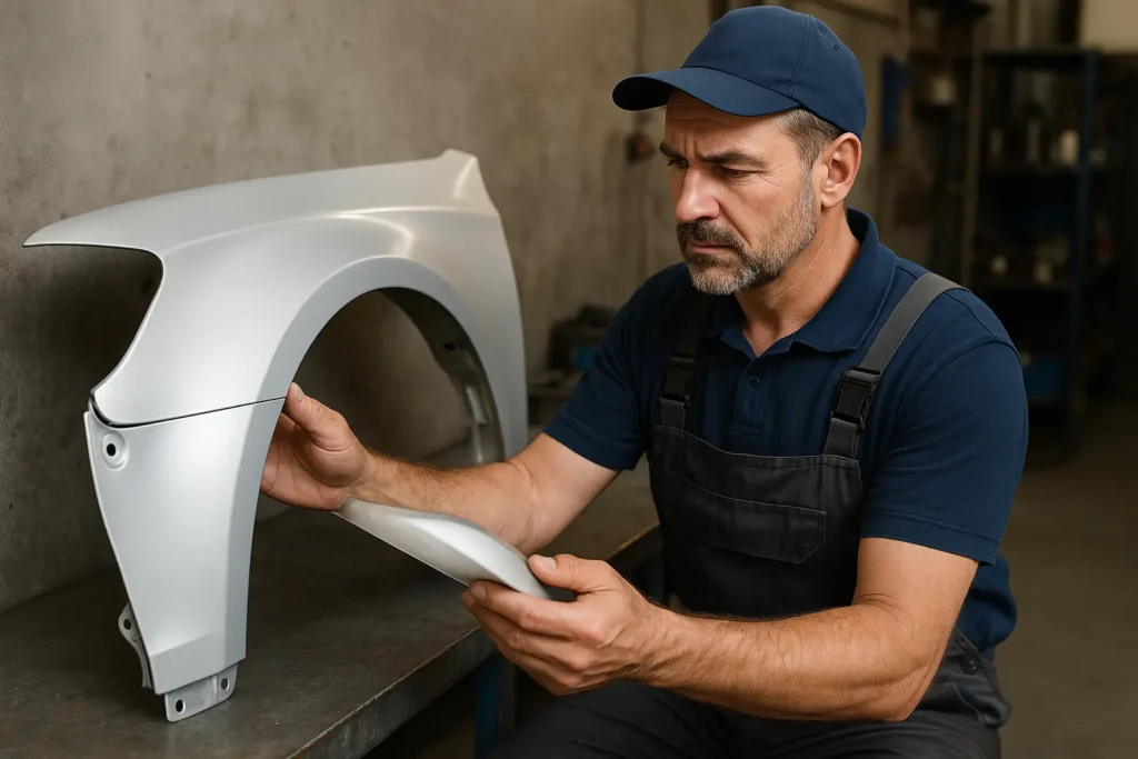 ChatGPT a dit : Mecânico de meia-idade, com expressão concentrada, inspeciona cuidadosamente um para-lama prateado apoiado sobre uma bancada metálica dentro de uma oficina bem iluminada. Ele veste uniforme azul escuro e luvas pretas, segurando a peça com as duas mãos enquanto examina sinais de danos ou má qualidade. Ao fundo, prateleiras com ferramentas e equipamentos reforçam o ambiente profissional e técnico da cena.