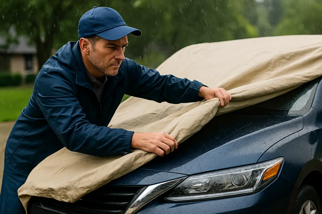 Homem de meia-idade, de pele clara, cuidadosamente cobre um carro prateado com uma capa automotiva cinza em ambiente externo. Ele puxa a capa sobre a parte traseira do veículo, protegendo a lataria contra ações climáticas. O carro está estacionado sobre um piso de concreto, com vegetação desfocada ao fundo, indicando uma área residencial ou garagem aberta. A imagem transmite atenção e cuidado com a preservação do veículo.