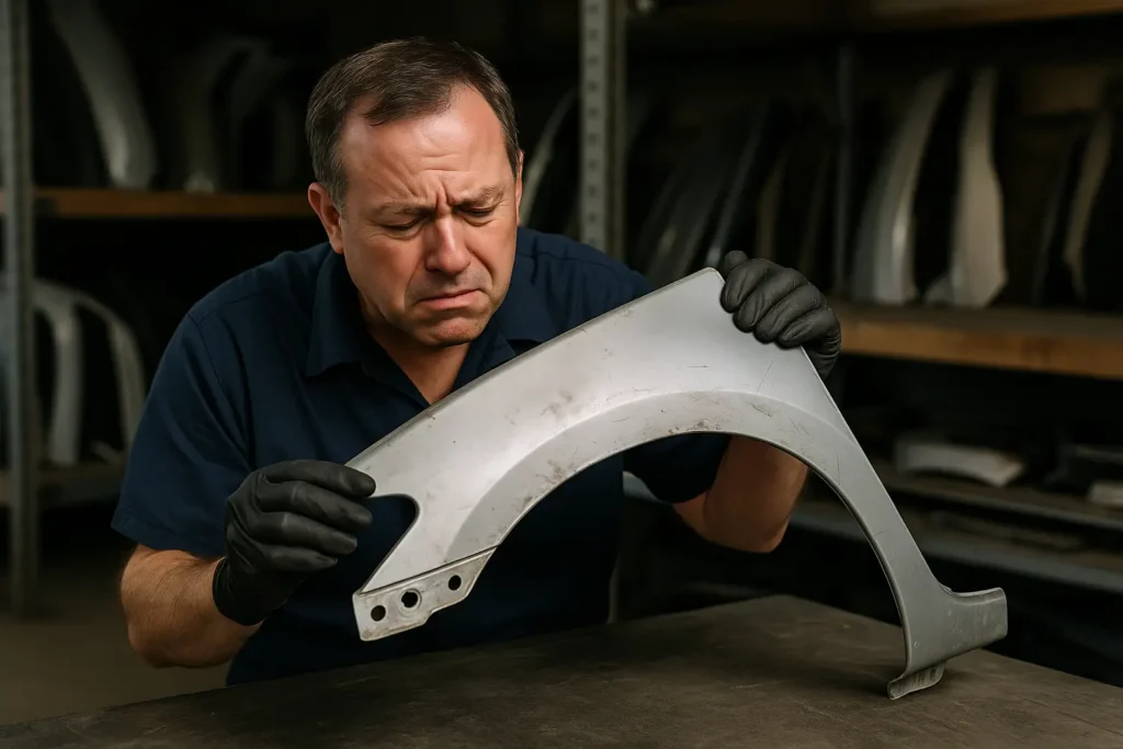 Homem de meia-idade, de pele clara, analisa com atenção uma peça de lataria automotiva apoiada sobre uma bancada de oficina. A expressão em seu rosto transmite dúvida ou insatisfação, sugerindo que ele está identificando possíveis defeitos ou incompatibilidade da peça. O ambiente é iluminado e técnico, com ferramentas ao fundo e aspecto organizado, reforçando a importância de avaliar corretamente antes da instalação.