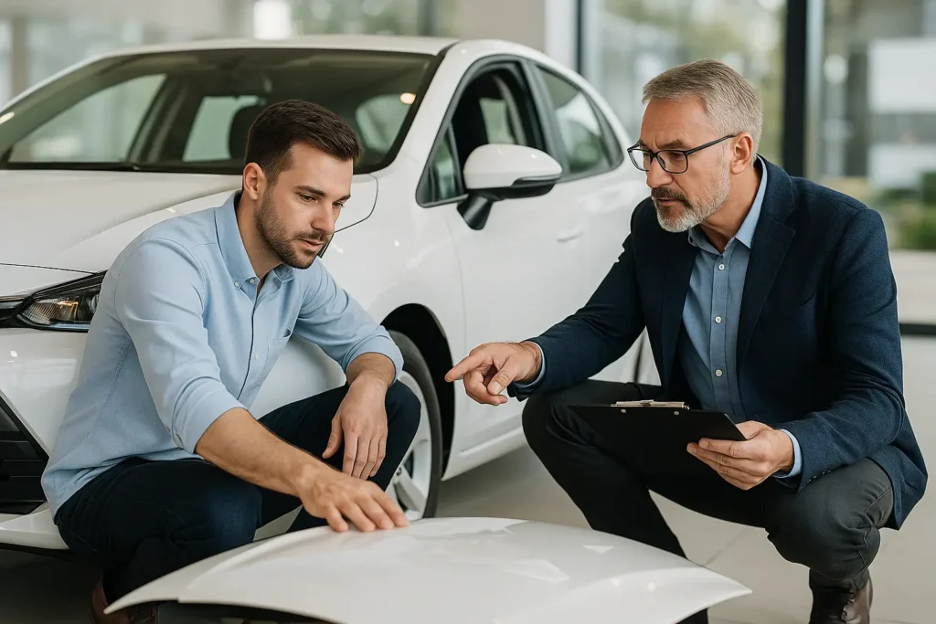 Dois homens adultos, com aparência de mecânicos ou avaliadores, observam atentamente um carro sedan escuro em ambiente externo, aparentando inspecionar a lataria do veículo durante o dia.