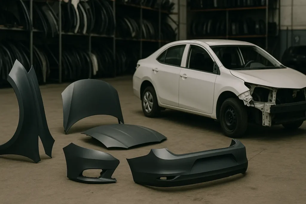 Homem em oficina automotiva moderna observa uma variedade de peças de lataria novas — para-choques, para-lamas e capôs — organizadas no chão, ao lado de um carro branco parcialmente desmontado; ao fundo, prateleiras com diversas peças de reposição, indicando evolução no estoque e organização do mercado de latarias nos últimos anos.