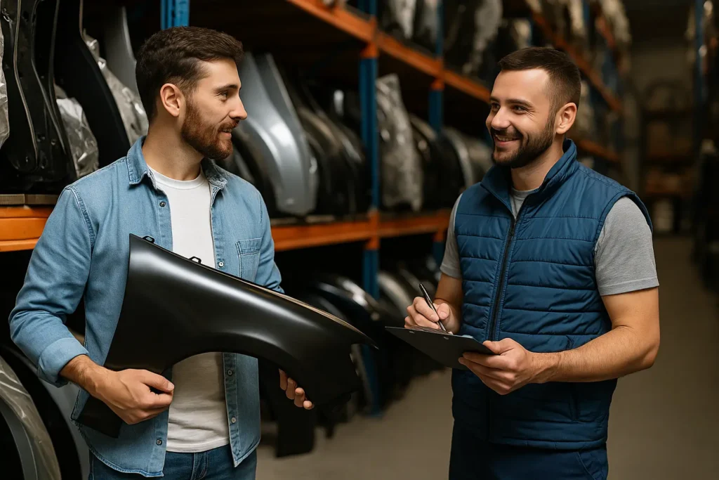 Cliente analisa peça de lataria automotiva em um galpão de distribuidora local, com prateleiras cheias de autopeças ao fundo.