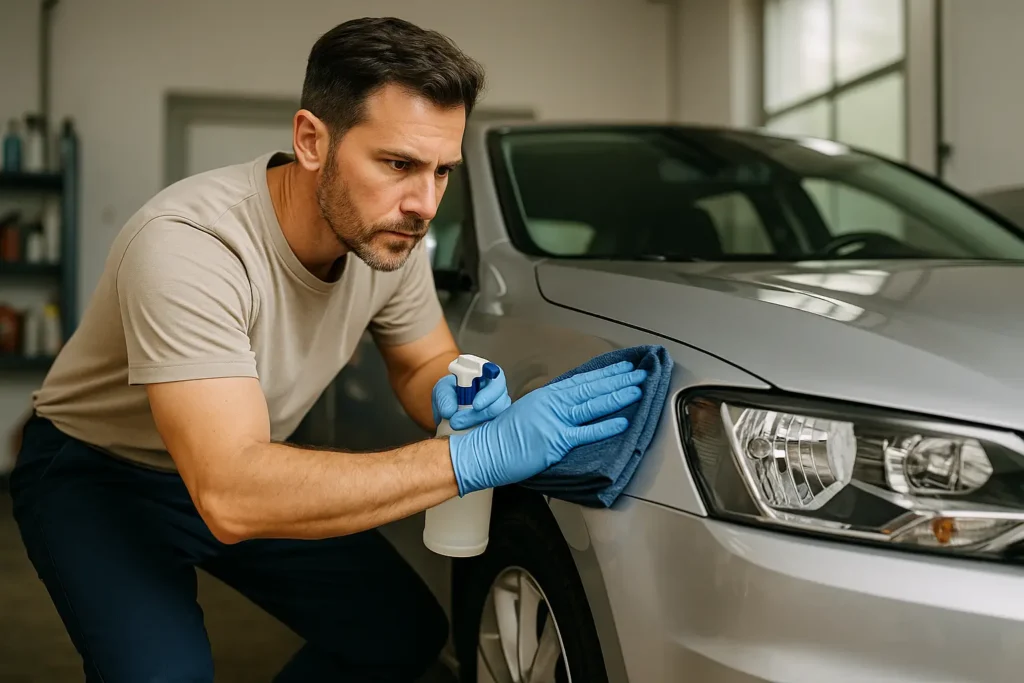 Homem caucasiano em uma garagem residencial, utilizando um pano de microfibra para polir cuidadosamente a lataria vermelha de um carro sedã. A iluminação suave destaca o brilho da pintura e o ambiente transmite a ideia de manutenção caseira e cuidado com o veículo.
