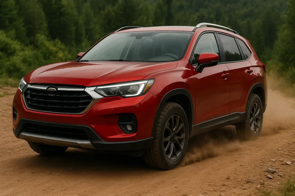 SUV vermelho em movimento em estrada de terra, levantando poeira enquanto atravessa terreno acidentado com vegetação ao fundo, representando a resistência da lataria em condições off-road.