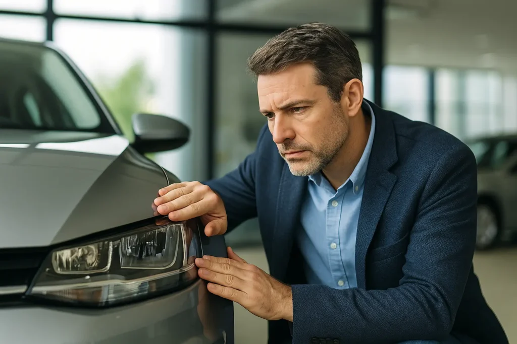 Homem de meia-idade com expressão séria inspeciona atentamente a lataria próxima ao farol de um carro prateado dentro de uma concessionária bem iluminada. Vestido com blazer azul-marinho e camisa azul clara, ele observa de perto o acabamento e os encaixes da peça, refletindo cuidado e atenção antes da compra. Ao fundo, grandes janelas envidraçadas deixam entrar luz natural, revelando outros veículos no showroom.