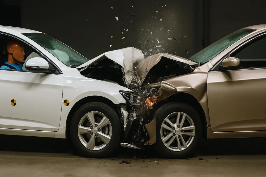 Dois carros sedãs colidem frontalmente durante um teste de colisão em ambiente fechado. O veículo branco à esquerda, com boneco de teste no banco do motorista e airbag acionado, tem a frente completamente amassada. O carro dourado à direita também apresenta danos severos na lataria dianteira, com partes metálicas dobradas e estilhaços sendo lançados para o alto no momento do impacto. A iluminação artificial realça os detalhes da colisão e a estrutura interna dos veículos.