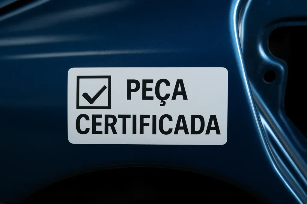 Adesivo branco com os dizeres “PEÇA CERTIFICADA” em letras pretas está colado sobre a lataria metálica azul de um carro. O adesivo exibe um ícone de check dentro de um quadrado ao lado do texto, simbolizando aprovação e garantia de qualidade. A superfície do painel possui acabamento brilhante e linhas suaves, refletindo luz ambiente de maneira uniforme, com fundo escurecido que destaca ainda mais a certificação da peça automotiva.