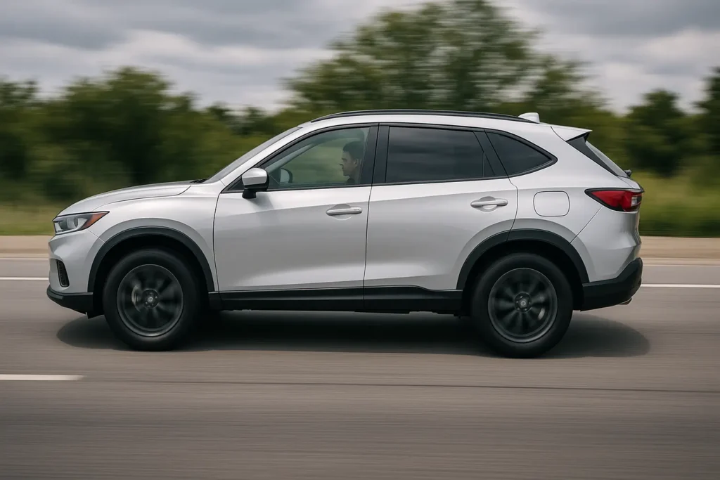 Fotografia lateral de um carro compacto branco posicionado sobre uma balança industrial, em um ambiente iluminado de oficina automotiva, simbolizando a análise de peso do veículo com foco em sua lataria.
