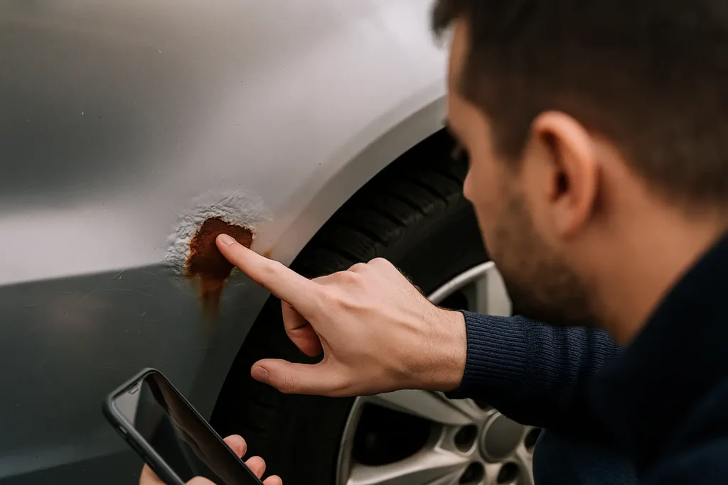 Homem de pele clara, com barba curta e suéter azul escuro, ajoelhado ao lado de um carro prata, apontando com o dedo indicador para uma área enferrujada na lataria próxima à roda traseira. A ferrugem aparece como uma mancha marrom-avermelhada cercada por bolhas de tinta esbranquiçada, indicando oxidação precoce. Na outra mão, ele segura um smartphone, possivelmente para registrar o dano.