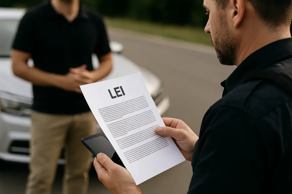 Policial de camisa preta segura uma folha impressa com a palavra "LEI" em destaque, enquanto observa o conteúdo do documento em uma rua asfaltada. Ao fundo, desfocado, há um homem vestindo camiseta preta e calça bege em frente a um carro prata estacionado. A imagem transmite um momento de fiscalização ou orientação legal relacionada a veículos.