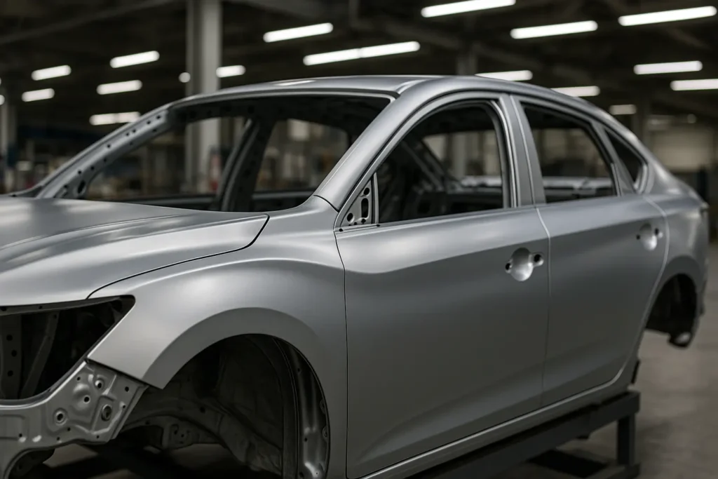 Fotografia em alta resolução mostrando close-up de quatro tipos distintos de materiais metálicos comumente usados na fabricação de latarias automotivas, organizados sobre uma bancada metálica em ambiente industrial, sem qualquer texto sobreposto.