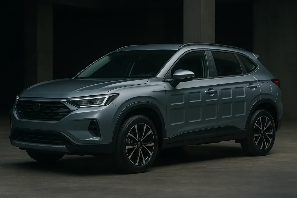 Imagem de alta resolução mostrando um SUV moderno com pintura metálica escura, estacionado em uma área externa de testes automotivos. O veículo está posicionado ao lado de uma estrutura metálica usada para avaliar a resistência da lataria, destacando os componentes reforçados da carroceria.