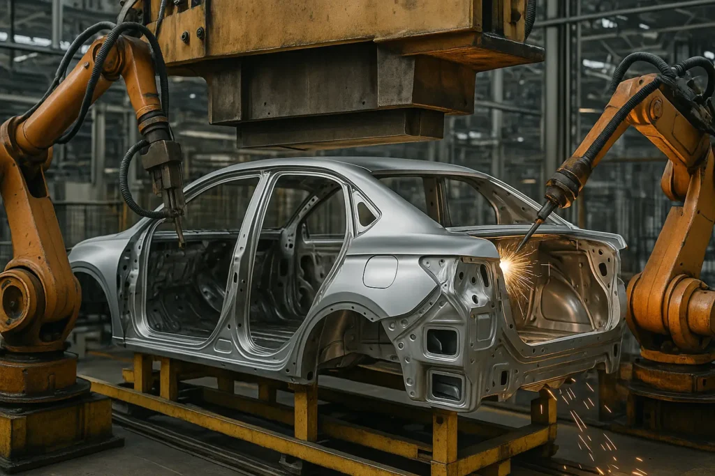 Linha de produção industrial com dois braços robóticos laranja trabalhando na montagem da estrutura metálica de um carro prata. Um dos braços realiza soldagem com faíscas visíveis, enquanto o outro posiciona uma prensa metálica. O ambiente ao fundo é composto por um galpão com estruturas de aço e iluminação natural filtrada, representando o processo automatizado de fabricação de latarias automotivas.