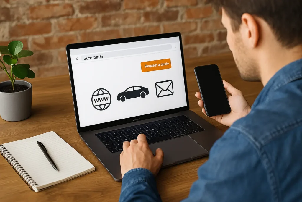 Homem de pele clara, com cabelo castanho curto e camisa jeans azul, sentado em uma mesa de madeira usando um notebook. Na tela do laptop, aparece uma simulação de busca por “auto parts” com ícones de internet, carro e envelope, além de um botão laranja com a frase “Request a quote”. Ele segura um smartphone na mão direita e há um caderno com caneta e um vaso com planta ao lado, em um ambiente com parede de tijolos ao fundo.