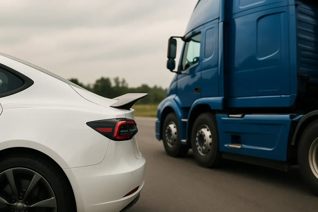 Imagem realista tirada durante o dia mostrando a traseira de um carro esportivo branco com aerofólio e design aerodinâmico, posicionado ao lado de um caminhão azul de grande porte. Ambos estão parados ou se movendo lentamente em uma estrada asfaltada, com árvores desfocadas ao fundo sob um céu nublado. A composição destaca o contraste entre os formatos e dimensões das carrocerias, sugerindo diferentes impactos na aerodinâmica veicular.