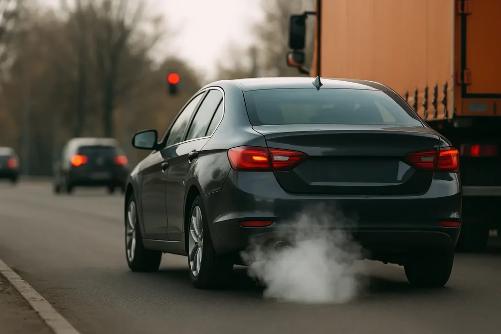 Vista traseira de um carro sedan azul escuro em movimento, emitindo fumaça visível pelo escapamento enquanto percorre uma estrada asfaltada ao entardecer. A lataria apresenta sinais de desgaste aerodinâmico com peças desalinhadas e um para-choque parcialmente solto. Ao fundo, há vegetação rasteira e um céu parcialmente nublado, sugerindo uma possível relação entre má conservação da lataria e aumento na emissão de poluentes.