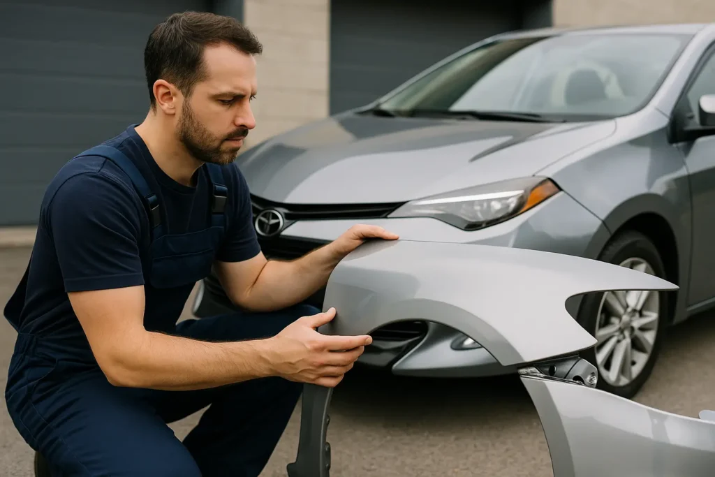 Mecânico de pele clara, usando macacão azul marinho, examina cuidadosamente um paralama prateado à frente de um carro do mesmo modelo e cor. Ele segura a peça com as duas mãos, avaliando o encaixe e a compatibilidade com o veículo estacionado em um pátio externo, com portas de garagem e paredes industriais ao fundo, em um ambiente iluminado pela luz natural do dia.