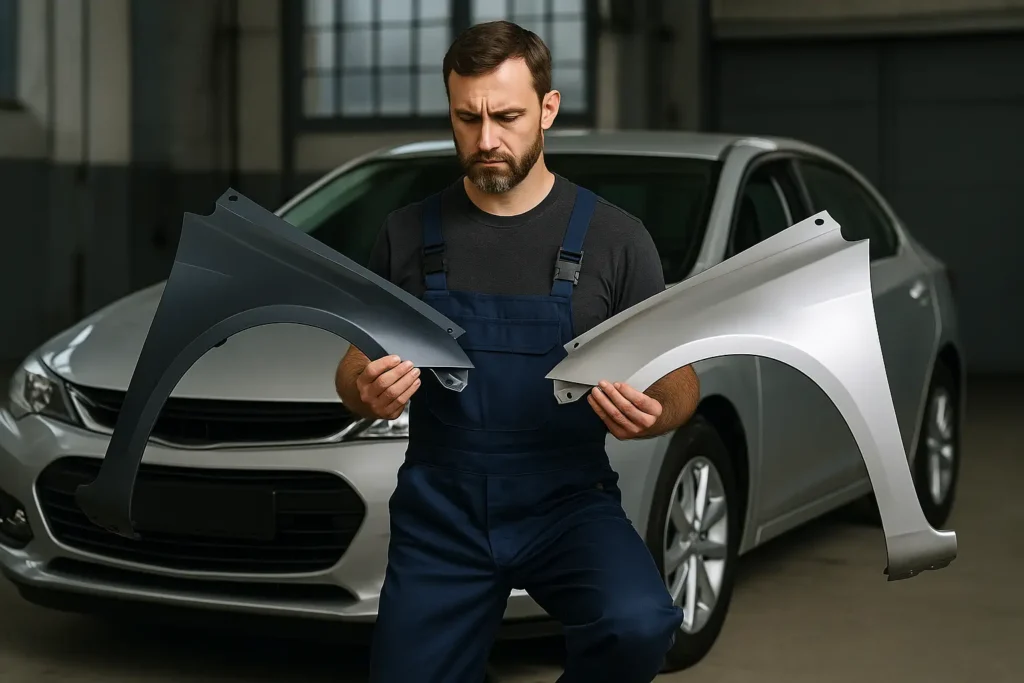 Mecânico de pele clara e barba curta, usando macacão azul e camiseta cinza escura, segura dois paralamas de carro — um cinza escuro e outro prata — enquanto analisa suas diferenças de acabamento e formato. Ele está posicionado em frente a um carro prata dentro de uma oficina automotiva bem iluminada, demonstrando visualmente a comparação prática entre uma peça original e uma paralela.