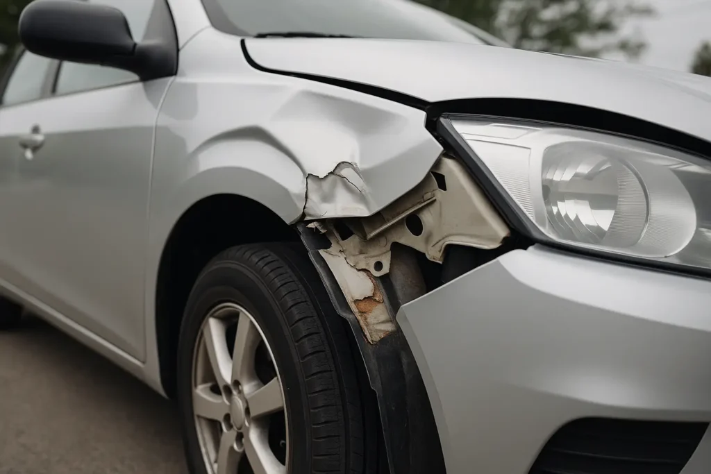 Close-up da lateral dianteira de um carro prata com a lataria visivelmente danificada. A peça do paralama está mal encaixada, com amassados, rachaduras e áreas de ferrugem expostas, revelando parte da estrutura interna metálica. O desalinhamento entre o paralama, a porta e o para-choque indica instalação incorreta, ilustrando os danos estruturais que podem surgir de uma lataria mal fixada. Ao fundo, o ambiente urbano aparece desfocado sob céu nublado.