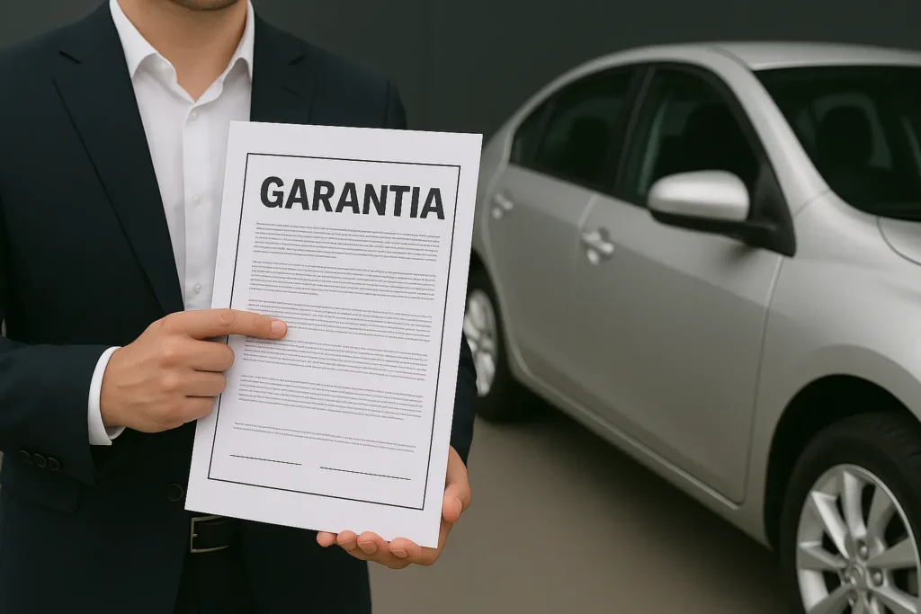 O ChatGPT disse: Homem de terno escuro segura um documento com a palavra “Garantia” em frente a um carro prateado, destacando a importância da compra de latarias com cobertura de garantia.