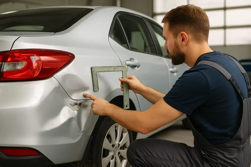 Técnico de funilaria automotiva utilizando ferramentas especializadas para alinhar a lataria dianteira de um carro prata dentro de uma oficina moderna. A imagem destaca a precisão no ajuste entre o capô e o para-lama, ressaltando a importância do alinhamento correto após colisões para garantir segurança e estética. Ao fundo, são visíveis equipamentos de reparo e iluminação intensa, indicando um ambiente profissional e bem estruturado.