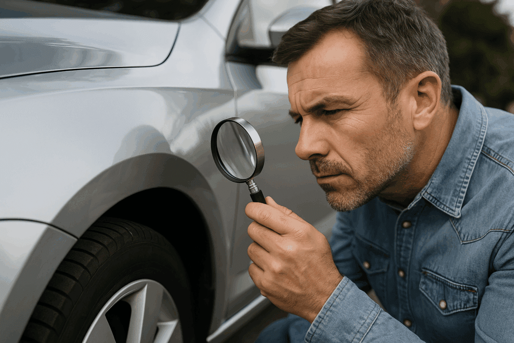 Homem de meia-idade, de pele clara e barba grisalha, usando camiseta cinza escura, segura uma lupa com a mão direita enquanto examina atentamente a superfície da lataria vermelha de um carro. Ele parece inspecionar imperfeições ou pontos específicos de desgaste. Ao fundo, desfocado, há uma parede clara e iluminação natural, sugerindo um ambiente externo ou de oficina automotiva.