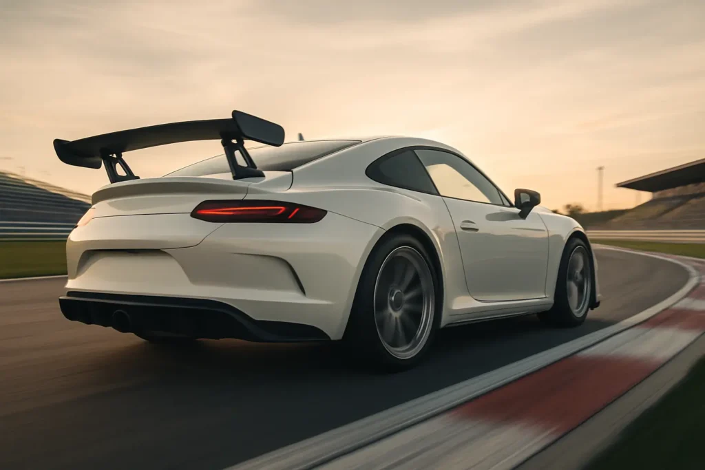 Carro esportivo branco em alta velocidade contorna uma curva em pista de corrida profissional durante o dia. A lataria aerodinâmica e perfeitamente ajustada reflete a luz natural, indicando impacto direto no desempenho e estabilidade do veículo. Ao fundo, barreiras de segurança e áreas de escape reforçam o ambiente de competição.