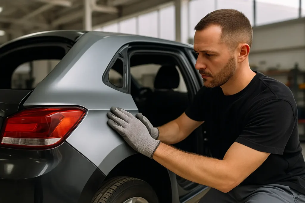 Técnico de funilaria automotiva, usando uniforme azul e luvas, realiza a instalação precisa de uma nova peça de lataria em um veículo preto dentro de uma oficina bem iluminada. A cena mostra a atenção aos encaixes, com ferramentas manuais sobre uma bancada ao fundo e outras peças organizadas, transmitindo um ambiente profissional e focado em cuidados essenciais durante o processo de substituição da lataria.