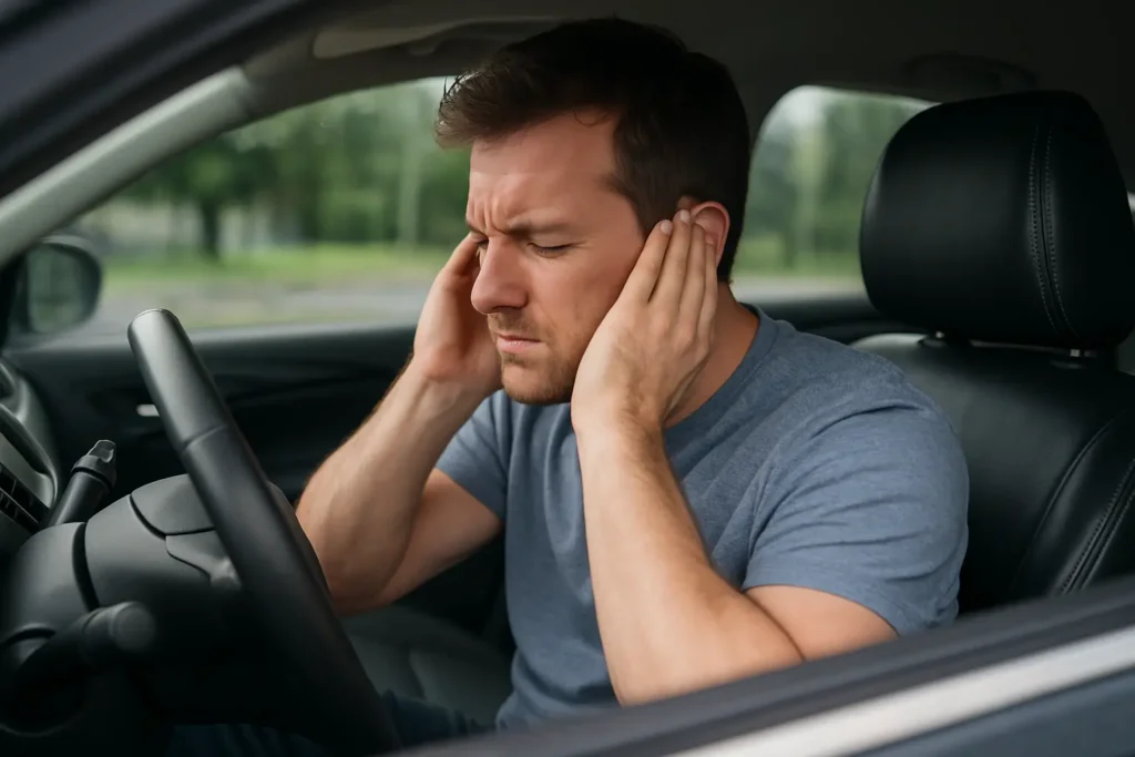 Homem caucasiano de meia-idade, com expressão concentrada, inspeciona o interior de um carro moderno estacionado em uma oficina silenciosa. A imagem sugere uma avaliação acústica do veículo, destacando como a qualidade da lataria pode interferir na vedação e, consequentemente, no nível de ruído interno, com foco técnico e realista.