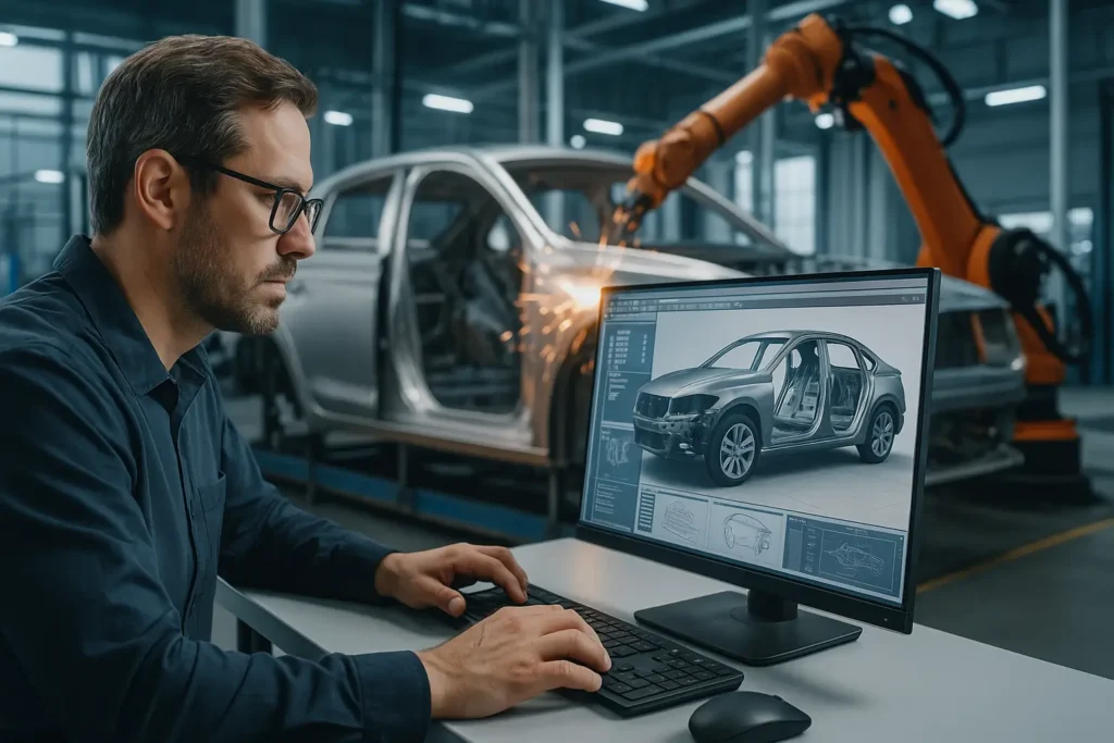 Linha de produção moderna em uma fábrica automotiva mostra braços robóticos amarelos instalando peças de lataria em carrocerias metálicas com precisão. A iluminação industrial reflete nas superfícies lisas dos veículos em montagem, e computadores controlam o processo ao fundo, destacando o uso de tecnologia avançada na fabricação de latarias automotivas.