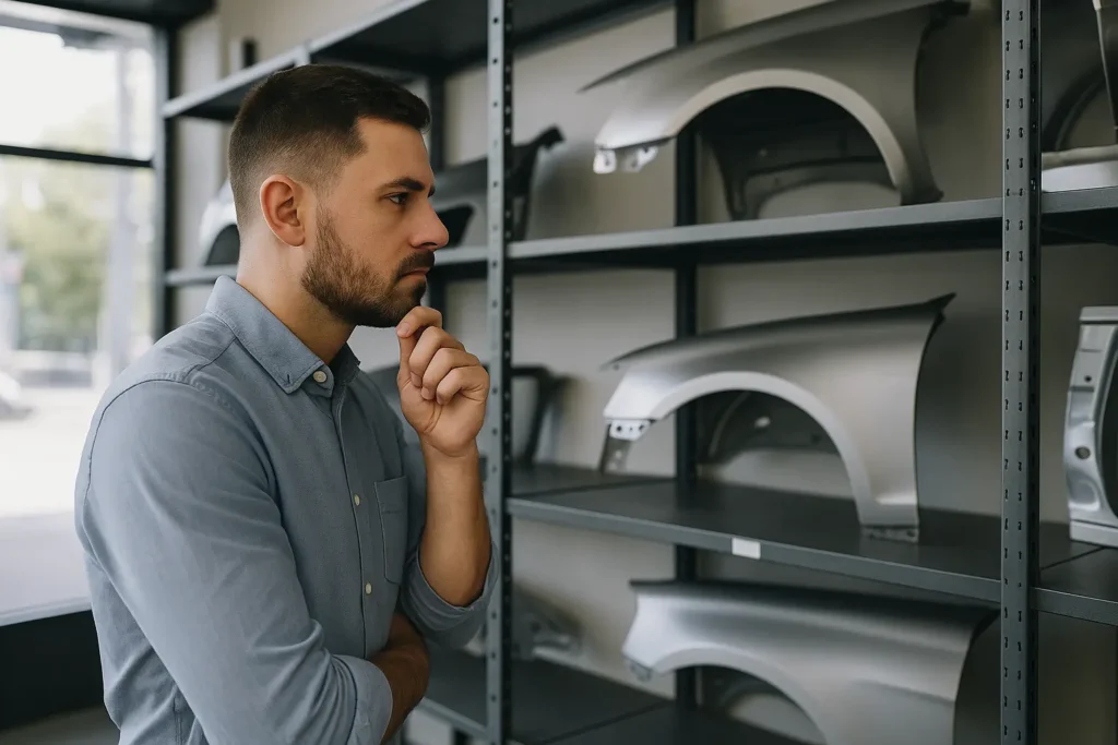 Homem de pele clara, na casa dos 30 anos, usando camiseta preta, observa atentamente uma prateleira metálica com peças de lataria automotiva organizadas. Uma lateral de carro prateada está visivelmente posicionada entre outras peças na prateleira. O ambiente é bem iluminado, com aspecto de estoque ou loja especializada em latarias, transmitindo profissionalismo e cuidado na escolha dos componentes.