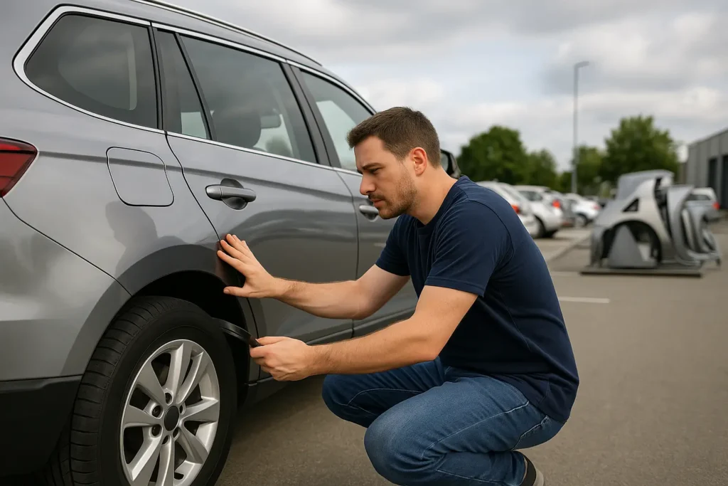 Homem de pele clara e cabelo curto escuro, usando camisa jeans, agachado ao lado de um carro branco, inspeciona visualmente a lataria dianteira do veículo. Ele passa a mão pela superfície próximo ao para-lama e ao para-choque, observando com atenção possíveis amassados ou imperfeições. Ao fundo, a imagem mostra uma garagem residencial iluminada pela luz do dia, sugerindo um check-up antes de uma viagem.