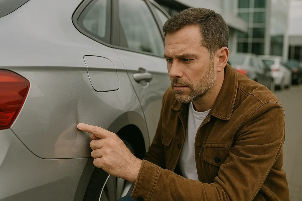 Homem de meia-idade em pátio de concessionária observa atentamente um pequeno amassado na porta traseira de um carro prateado, apontando com o dedo para a lataria danificada.