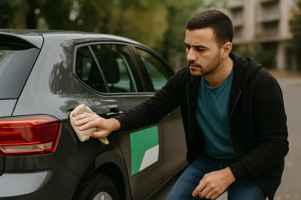 Um motorista jovem, de pele clara, realiza a limpeza da lataria de seu carro com um pano, em plena luz do dia, em um ambiente urbano. A cena transmite cuidado com o veículo, sugerindo práticas de manutenção preventiva comuns entre motoristas de aplicativo.
