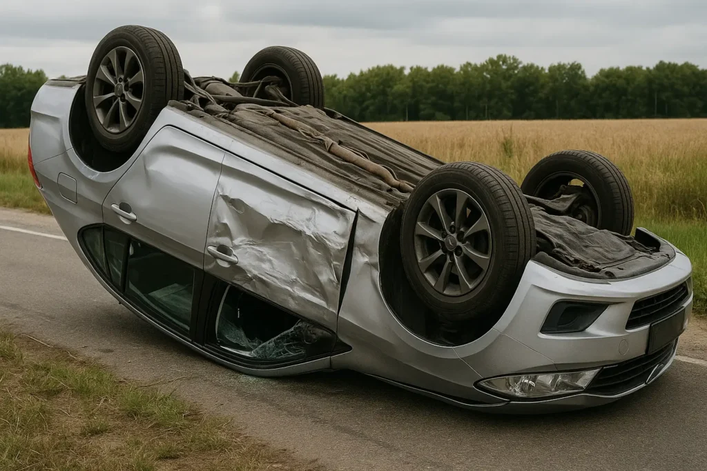 Carro prateado capotado em estrada de duas faixas, com a lataria amassada e vidros quebrados, mostrando a resistência estrutural após o acidente, cercado por vegetação e árvores ao fundo.