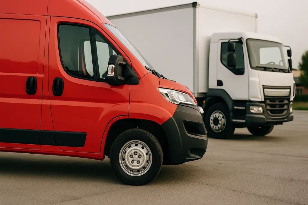 Caminhão comercial branco estacionado em frente a um galpão moderno, com peças de lataria expostas ao fundo, incluindo laterais e para-choques. Um homem de colete refletivo observa as peças, avaliando suas condições. A cena é iluminada pela luz do dia e transmite um ambiente profissional de logística ou centro de distribuição de peças automotivas para veículos de carga.