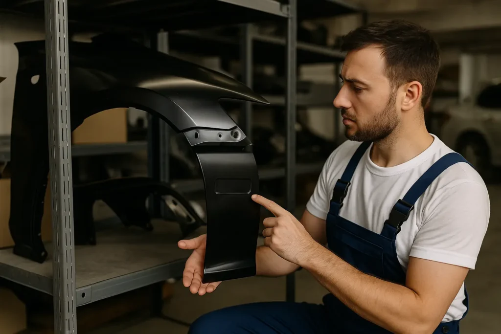 Técnico automotivo de pele clara, com barba e vestindo uniforme escuro, examina com atenção a lataria lateral de um carro prata dentro de uma oficina bem iluminada. A cena transmite uma análise criteriosa da peça instalada, sugerindo inspeção de qualidade para verificar se a lataria é original e segura, destacando os riscos de componentes não certificados no processo de manutenção veicular.