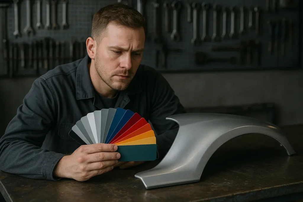 Homem em oficina mecânica observa atentamente um catálogo de cores automotivas enquanto avalia uma peça de lataria prateada apoiada sobre a bancada de metal, com ferramentas penduradas ao fundo.