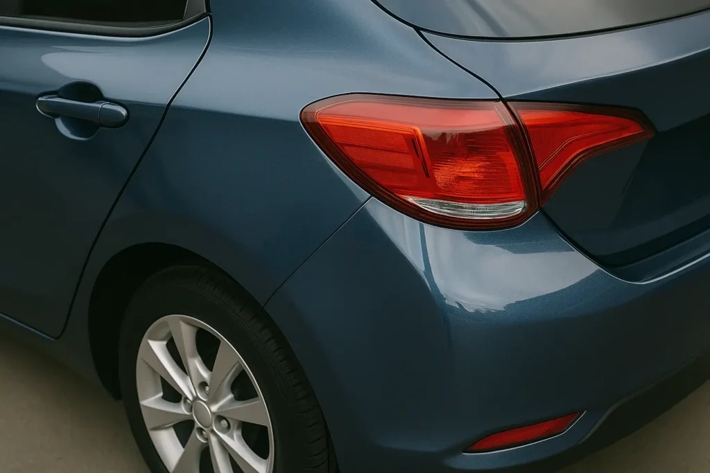 Close-up da traseira de um carro azul metálico, destacando o brilho do verniz e o acabamento impecável da lataria, com reflexos suaves de luz na pintura e foco nas linhas e curvas da carroceria.
