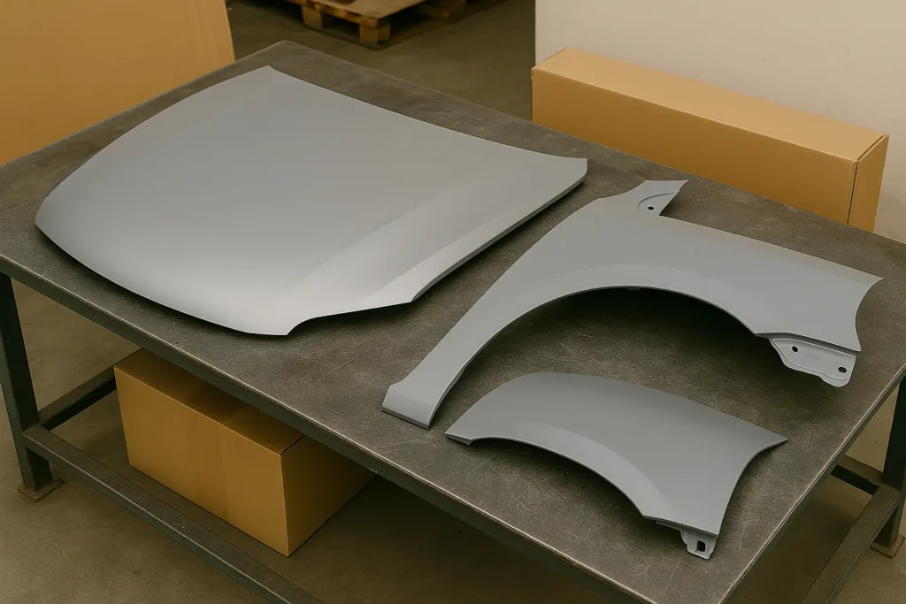 Duas peças de lataria automotiva novas e prateadas estão totalmente deitadas sobre uma mesa de mecânico metálica, em um ambiente de oficina limpo e organizado, com caixas e pallets ao fundo.