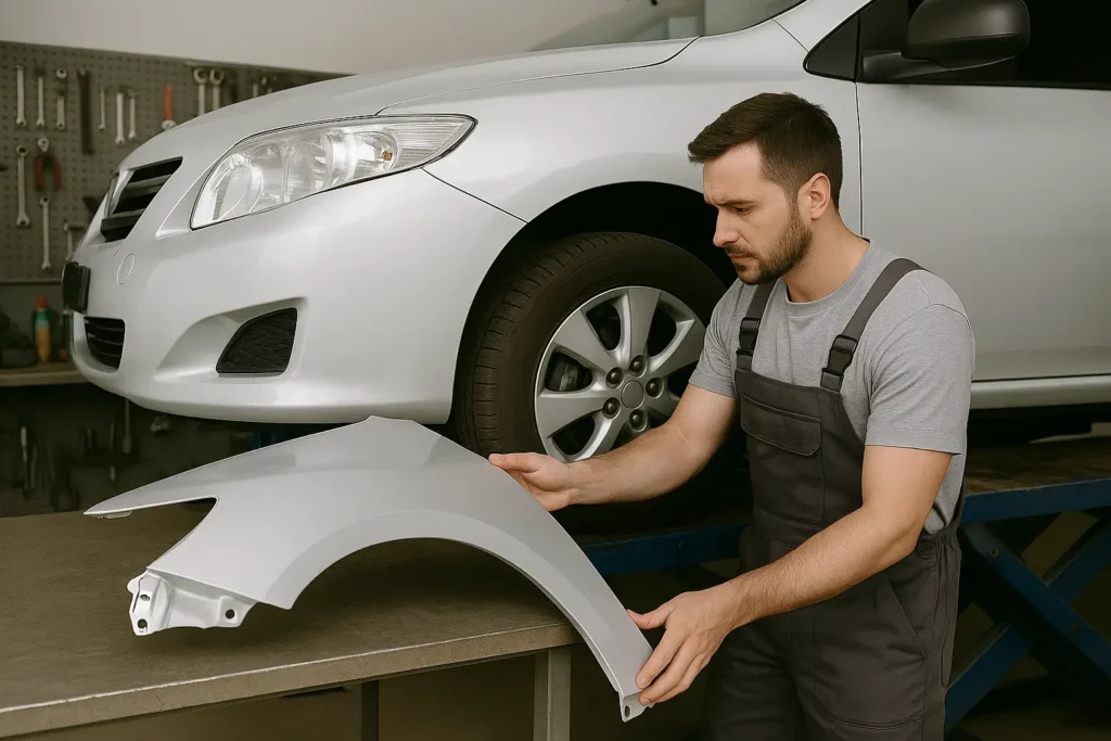 Mecânico em oficina automotiva inspeciona um paralama branco apoiado sobre uma bancada, comparando com a estrutura de um carro branco elevado no elevador, em ambiente bem iluminado e organizado.